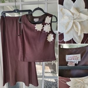 Vintage 90s Adrianna Papell chocolate cream floral 2 piece maxi skirt top set 12